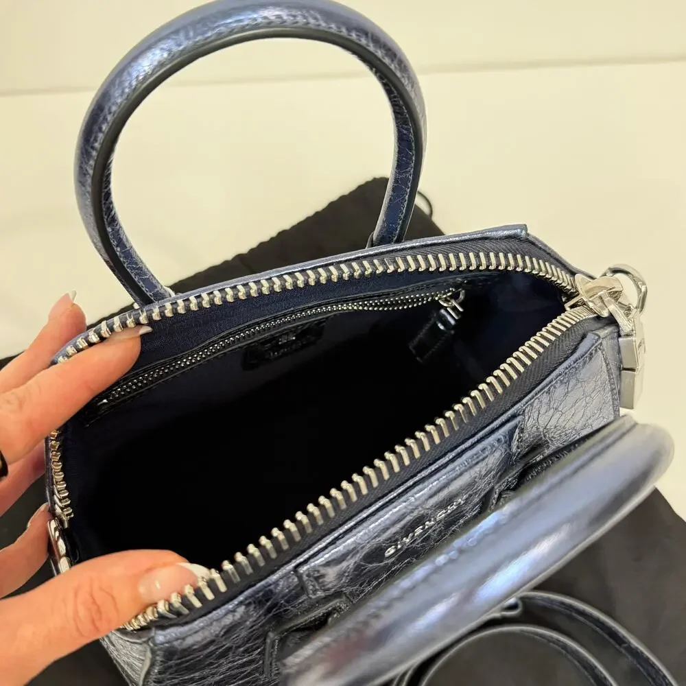 Givenchy Antigona Mini Blue Leather Top Handle Handbag Metallic Crossbody Bag